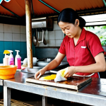 **

A typical "warung" (roadside stall) scene, but focusing on a clean kitchen. Show someone diligently cleaning surfaces, properly storing food, and using separate cutting boards. Emphasize hygiene and order. The stall should look appealing, not sterile. "Warung", "clean kitchen", "food safety".

**