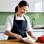 A professional, smiling woman in her 30s, wearing a modest chef's apron over a smart casual top, skillfully transforming leftover rice into a new, delicious dish in a bright, modern kitchen. She is using fresh vegetables and spices from a well-organized countertop. The scene emphasizes culinary creativity and sustainability. Soft, natural lighting. Professional photography, high resolution. Perfect anatomy, correct proportions, natural pose, well-formed hands, proper finger count, natural body proportions. fully clothed, appropriate attire, safe for work, appropriate content, family-friendly.