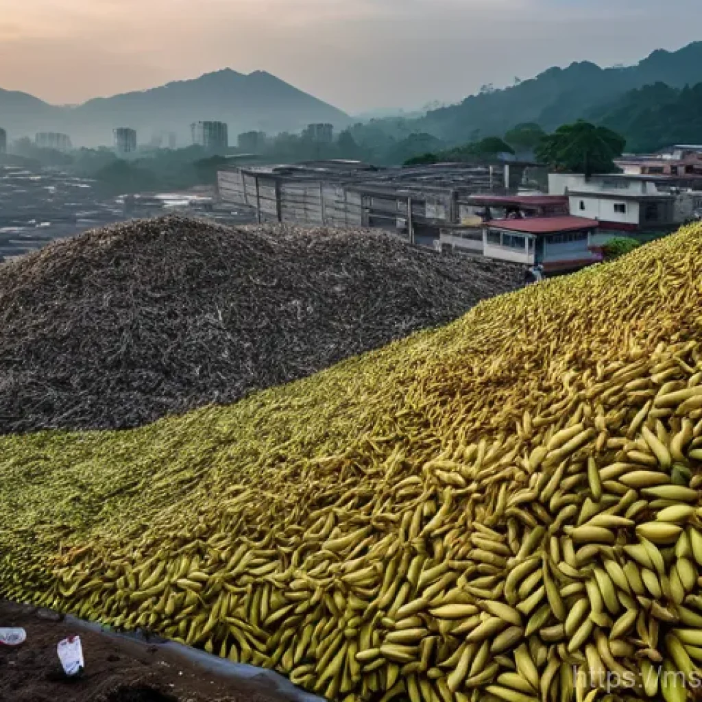 식품 쓰레기와 환경 오염의 관계 - **Prompt:** A dramatic, impactful aerial shot of a vast, overflowing landfill located near a Malaysi...