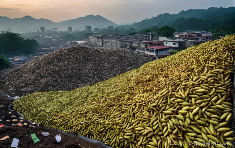 식품 쓰레기와 환경 오염의 관계 - **Prompt:** A dramatic, impactful aerial shot of a vast, overflowing landfill located near a Malaysi...