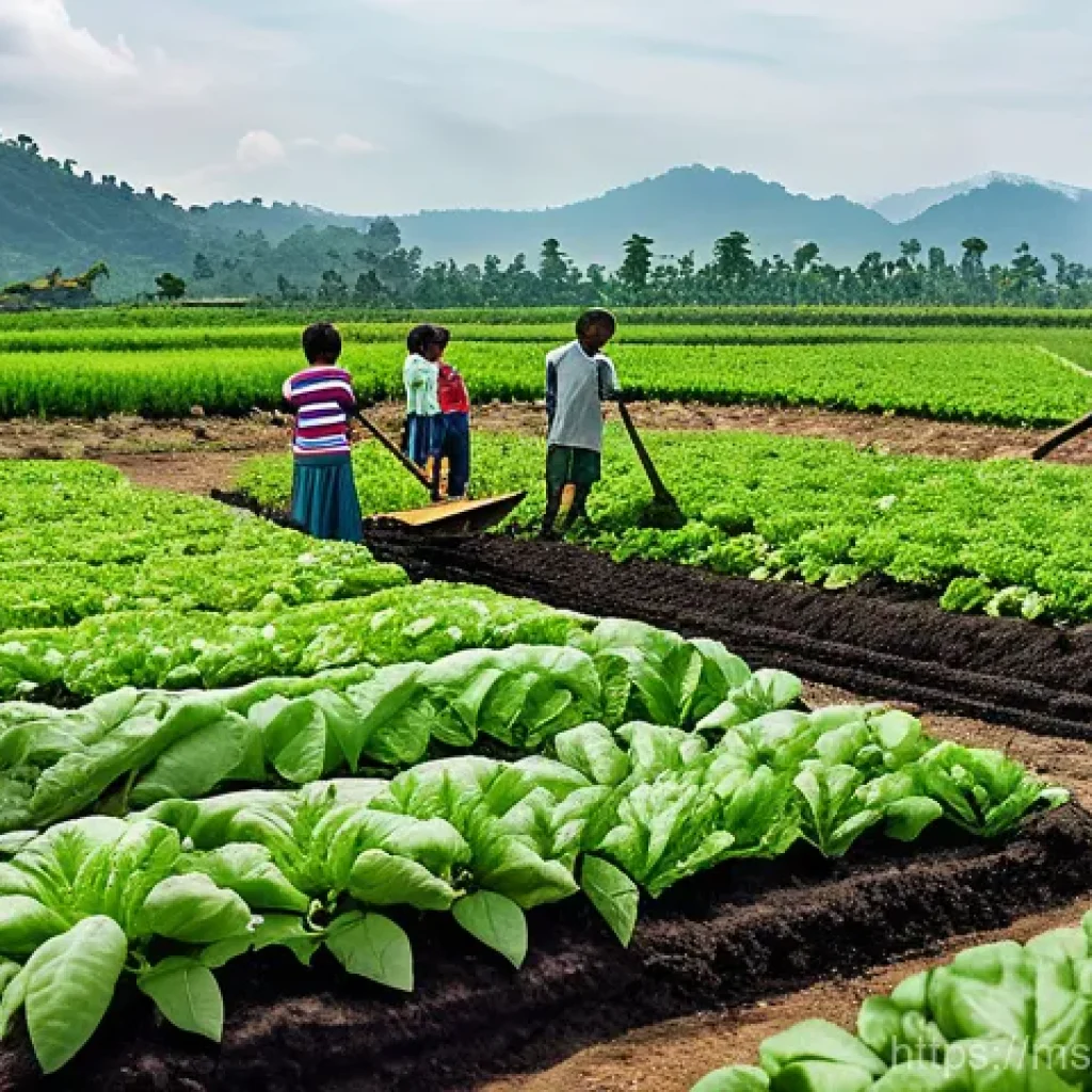 농업에서의 폐기물 제로화 전략 - **Prompt for image generation:** "A vibrant, sun-drenched scene at a Malaysian community farm, showc...