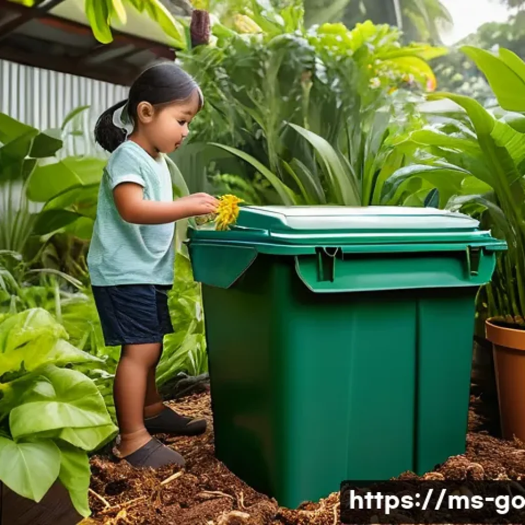 자원 재활용을 통한 식품 폐기물 감소 방법 - A vibrant Malaysian home garden scene featuring a family actively engaged in composting organic food...