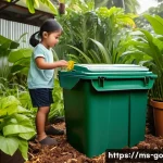 자원 재활용을 통한 식품 폐기물 감소 방법 - A vibrant Malaysian home garden scene featuring a family actively engaged in composting organic food...