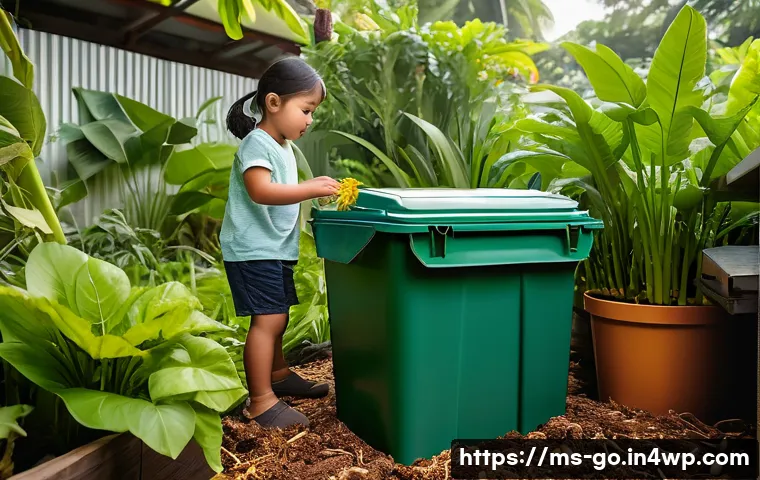 자원 재활용을 통한 식품 폐기물 감소 방법 - A vibrant Malaysian home garden scene featuring a family actively engaged in composting organic food...