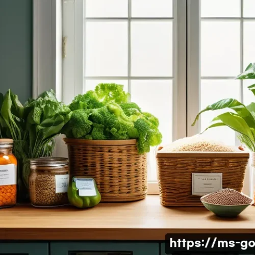 비건 식단을 통한 식품 폐기물 감소 방안 - A vibrant Malaysian vegan kitchen scene featuring a diverse assortment of fresh vegetables, legumes,...