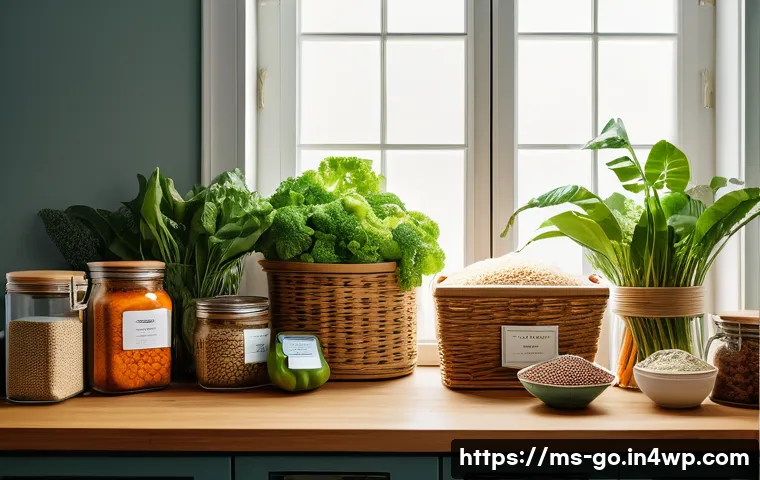 비건 식단을 통한 식품 폐기물 감소 방안 - A vibrant Malaysian vegan kitchen scene featuring a diverse assortment of fresh vegetables, legumes,...
