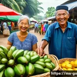 친환경 식품 소비를 통한 폐기물 감소 캠페인 - A vibrant Malaysian farmer’s market scene during daytime, showcasing local farmers in traditional at...