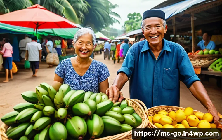 친환경 식품 소비를 통한 폐기물 감소 캠페인 - A vibrant Malaysian farmer’s market scene during daytime, showcasing local farmers in traditional at...